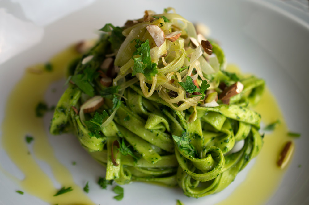 Homemade Spinach Pasta with Kale Pesto, Leeks and Almonds
